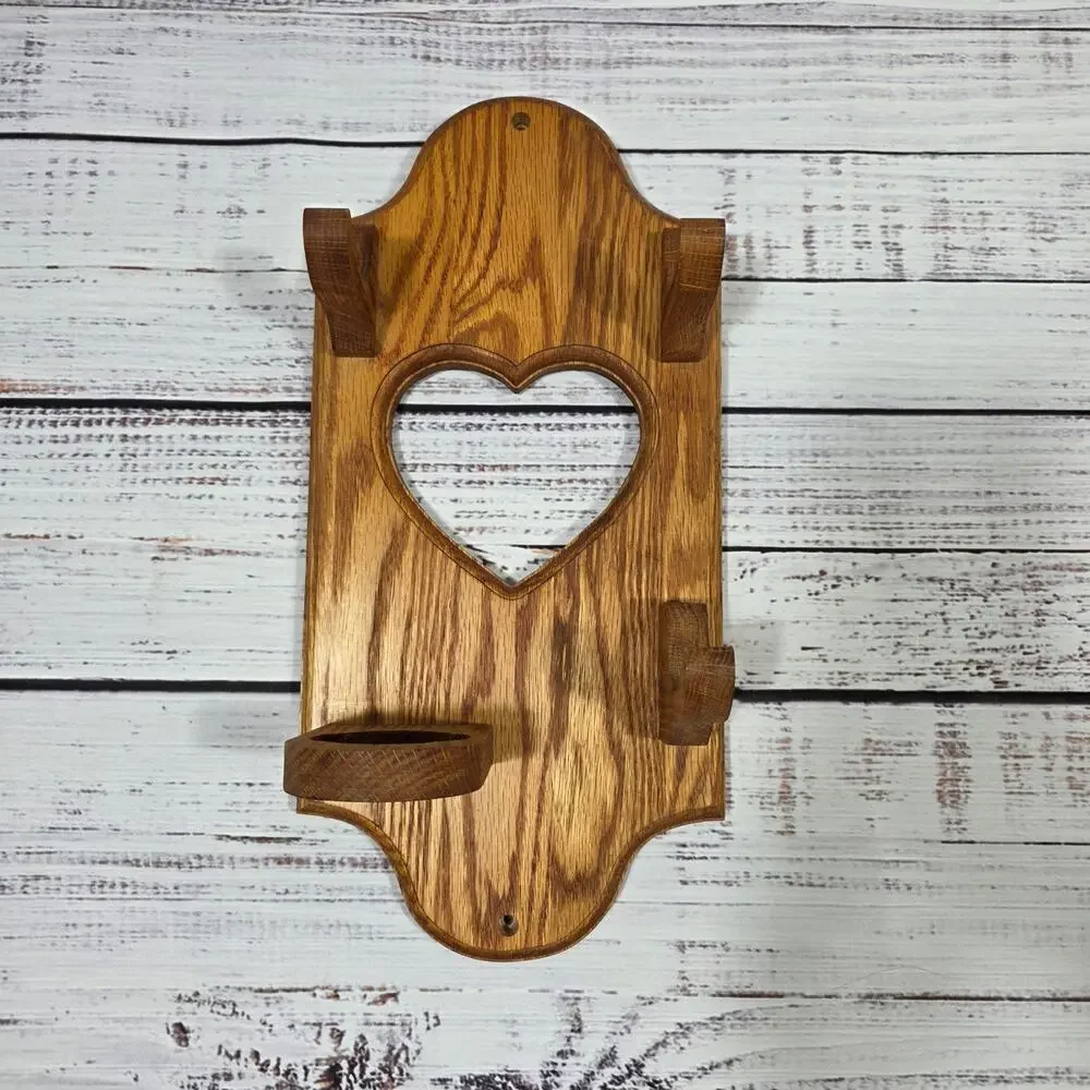 VTG Wooden Heart Hanging Wall Decor & Candle Holder/Rack
